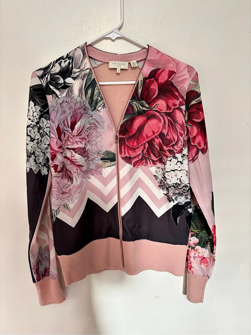 Ted Baker KHalani Chevron Floral Zip Cardigan Pink & Black Size 2